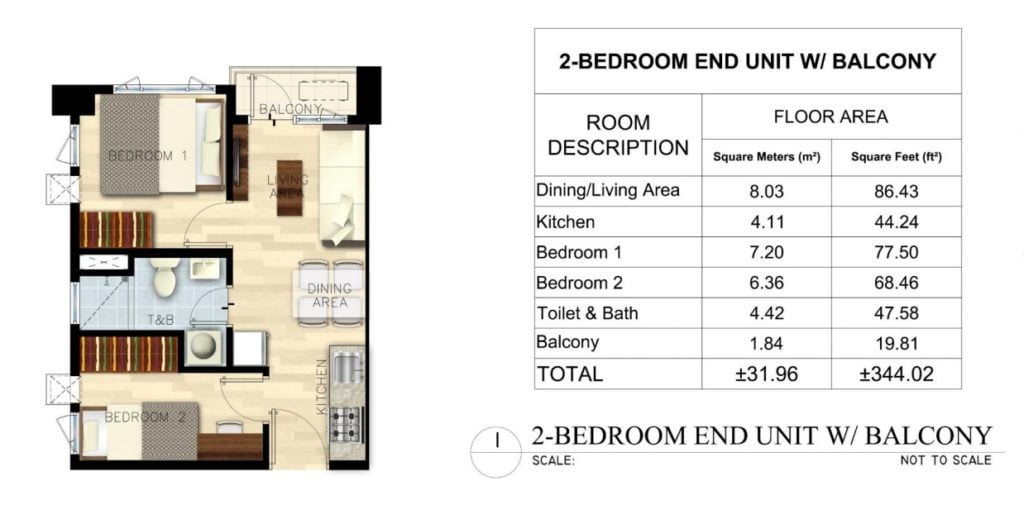 SMDC BLOOM RESIDENCES 2 BEDROOM LAYOUT (± 31.96 SQM)