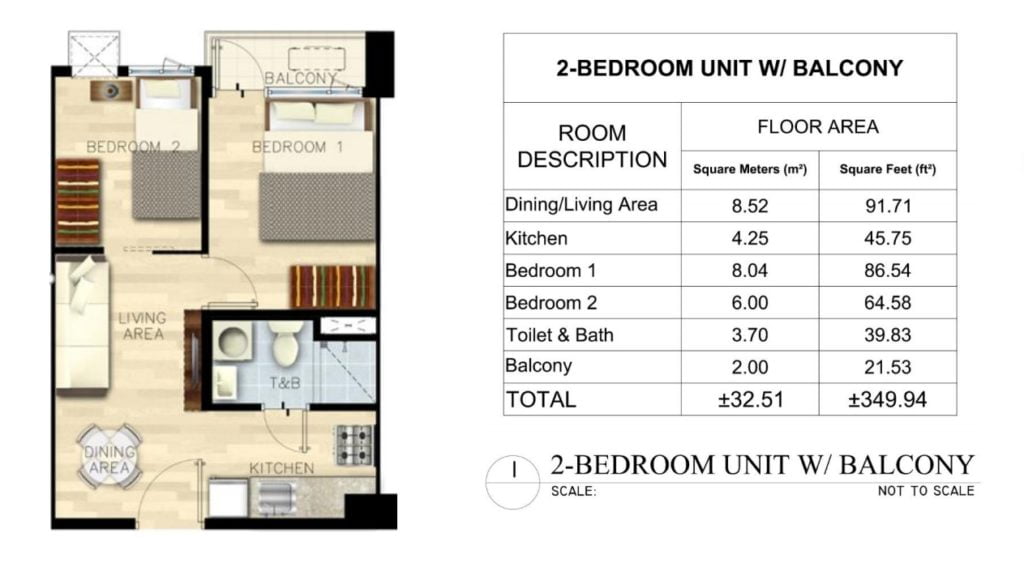 SMDC BLOOM RESIDENCES 2 BEDROOM LAYOUT (± 32.51 SQM)