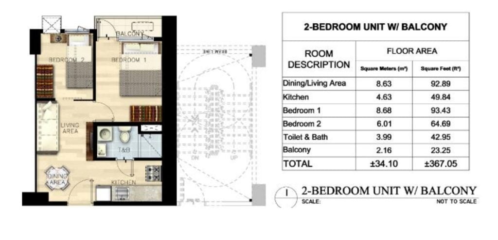 SMDC BLOOM RESIDENCES 2 BEDROOM LAYOUT (± 34.10 SQM)