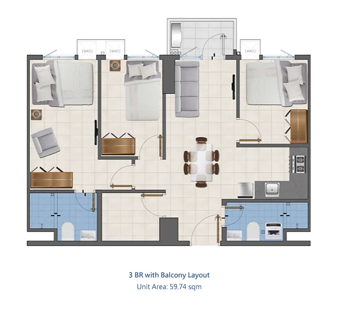 3 bedroom Unit with Balcony Layout Charm Residences