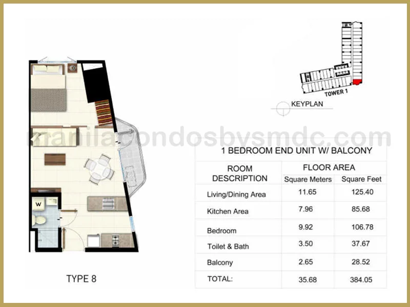 1 Bedroom End Unit with Balcony (35.68 sqm) - Light 2 Residences