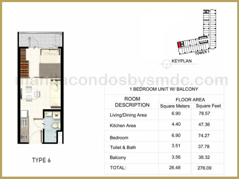 1 Bedroom with Balcony (26.48 sqm) - Light 2 Residences