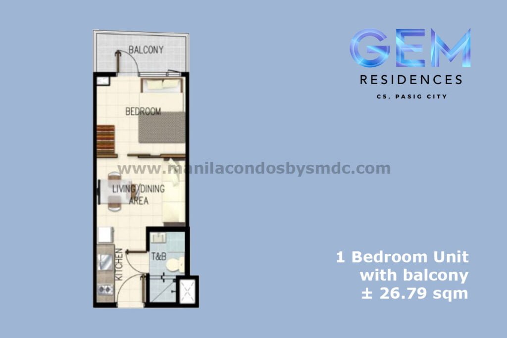 1 Bedroom with Balcony (26.79 sqm) - Gem Residences