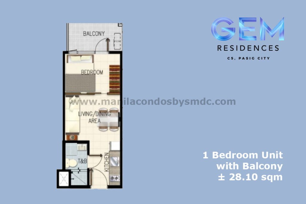 1 Bedroom with Balcony (28.10 sqm) - Gem Residences