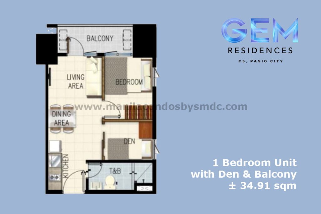 1 Bedroom with Den and Balcony (34.91 sqm) - Gem Residences