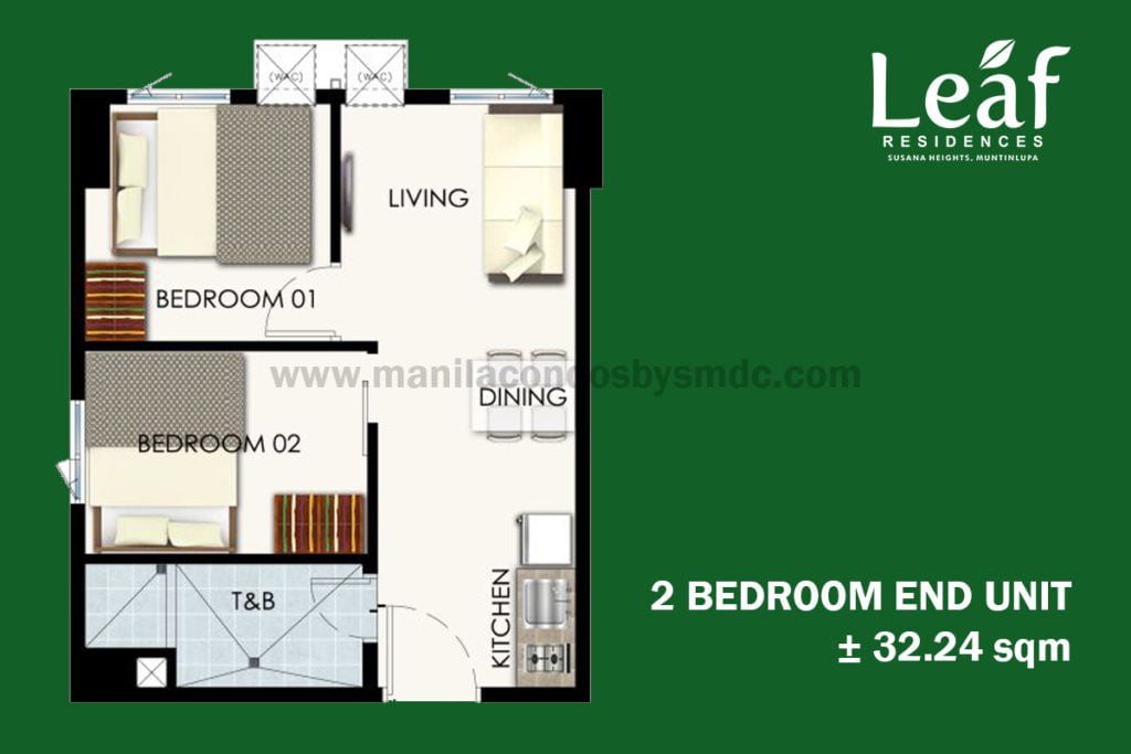 2 bedroom End Unit (32.24sqm) - Leaf Residences