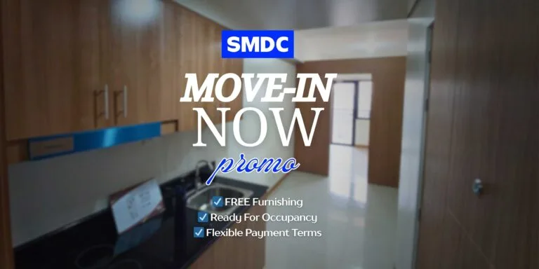 SMDC fully-furnished condominium interior with 5 percent down payment promo banner