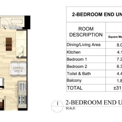 SMDC BLOOM RESIDENCES 2 BEDROOM LAYOUT (± 31.96 SQM)